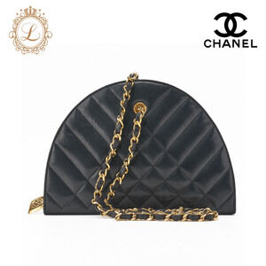 Chanel Half Moon Matelasse Shoulder Bag Black Lambskin Charm Handbag